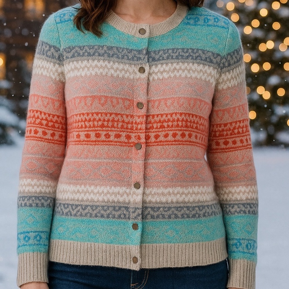 Talbots Mohair Lambswool‎ Blend Fair Isle Cardigan Sweater Women Sz L